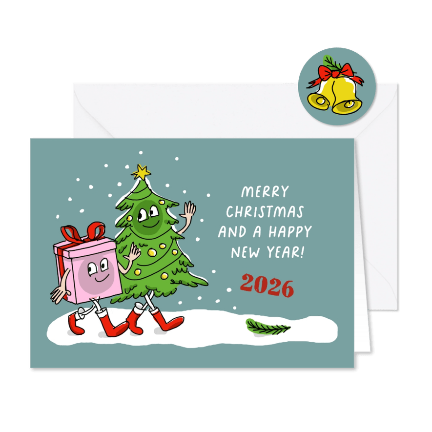 Wandelende kerstboom met kerstkado - Kaartimpressie