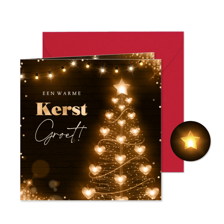 Warme kerstgroet met lichtgevende kerstboom van hartjes - Kaartimpressie