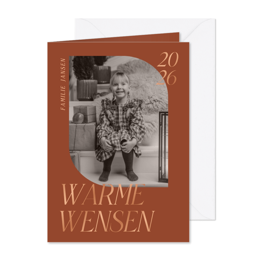 Warme terracotta kerstkaartjes met eigen foto koperfolie - Kaartimpressie