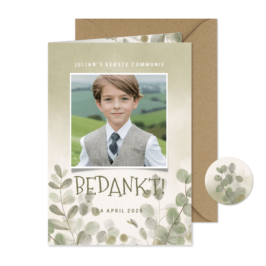 Waterverf bedankkaart eerste communie eucalyptus en foto's - Kaartimpressie