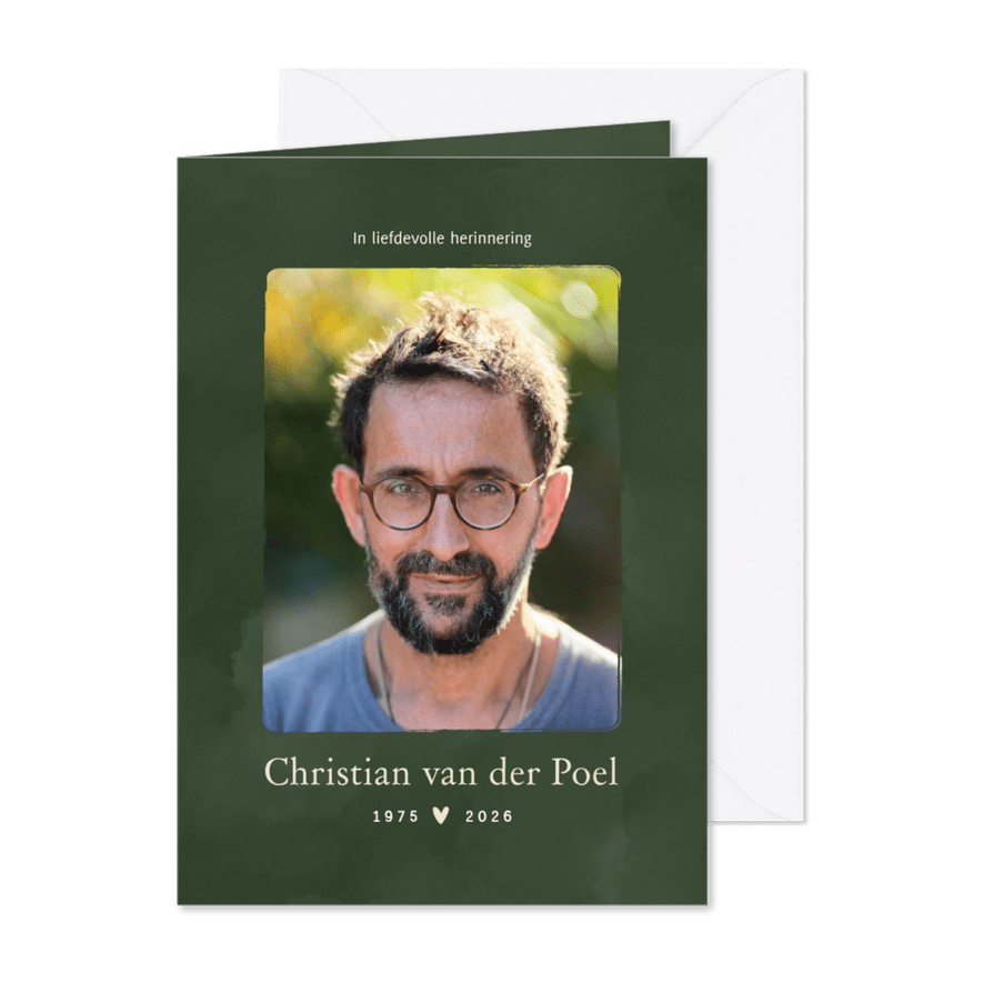 Waterverf bedankkaart voor rouw donkergroen met hartje - Kaartimpressie