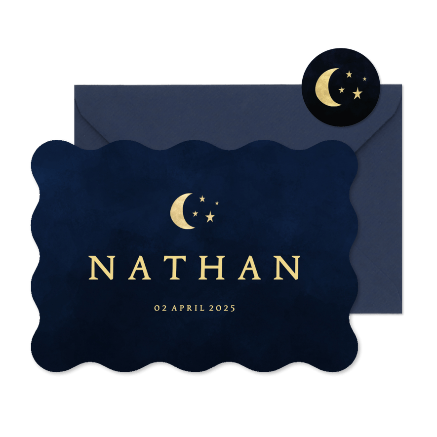Waterverf geboortekaartje jongen sterren en maantje - Kaartimpressie
