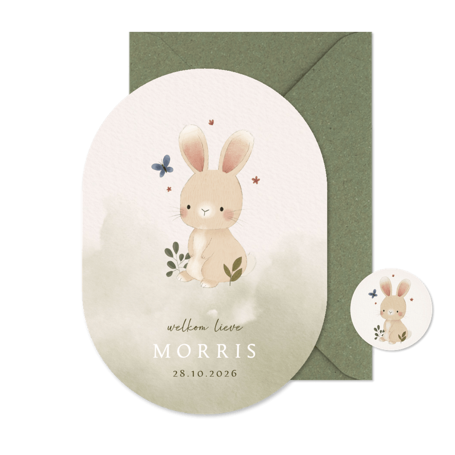Waterverf geboortekaartje met konijn, plantjes en vlindertje - Kaartimpressie