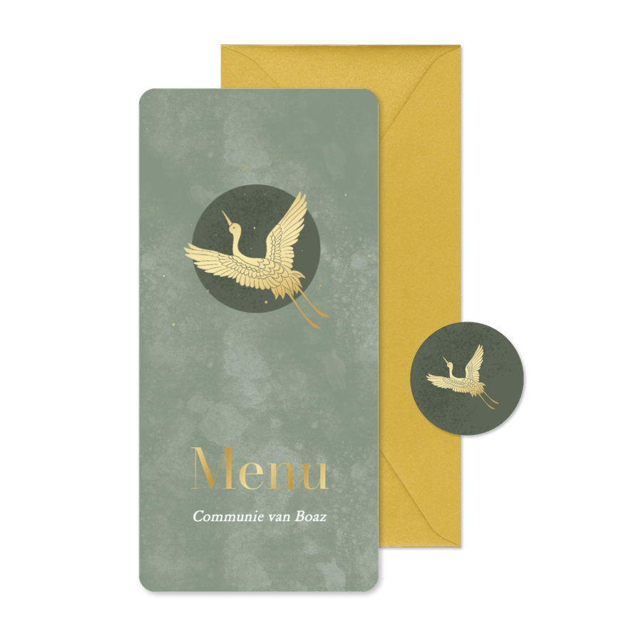 Waterverf groen textuur menukaarten met gouden kraanvogel - Kaartimpressie