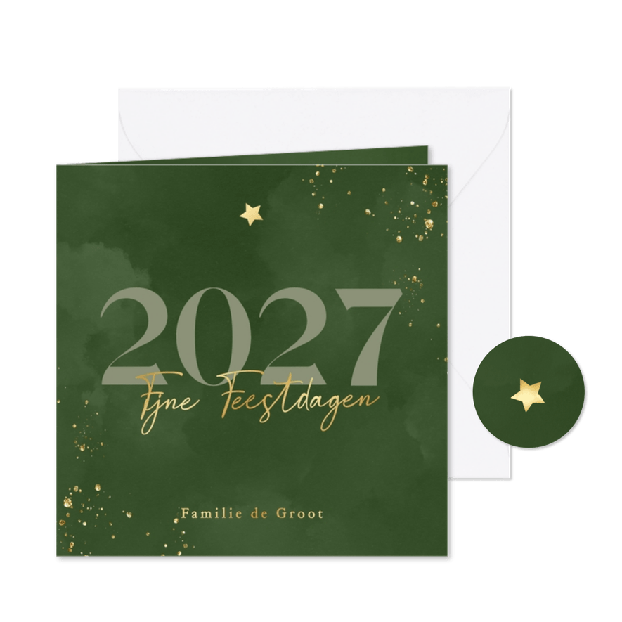 Waterverf kerstkaartje groen met jaartal en sterretje goud - Kaartimpressie