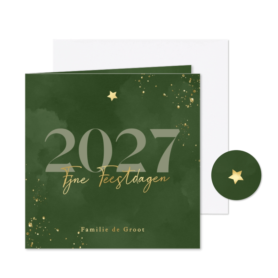 Waterverf kerstkaartje groen met jaartal en sterretje goud - Kaartimpressie