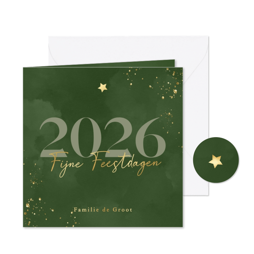 Waterverf kerstkaartje groen met jaartal en sterretje goud - Kaartimpressie