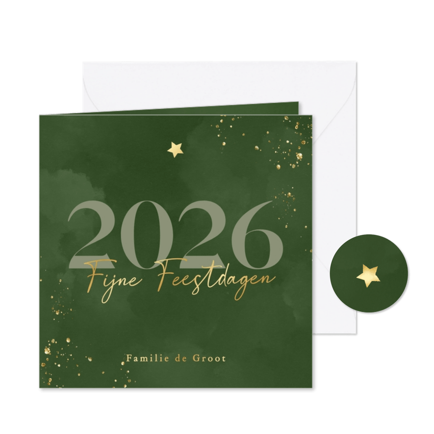 Waterverf kerstkaartje groen met jaartal en sterretje goud - Kaartimpressie