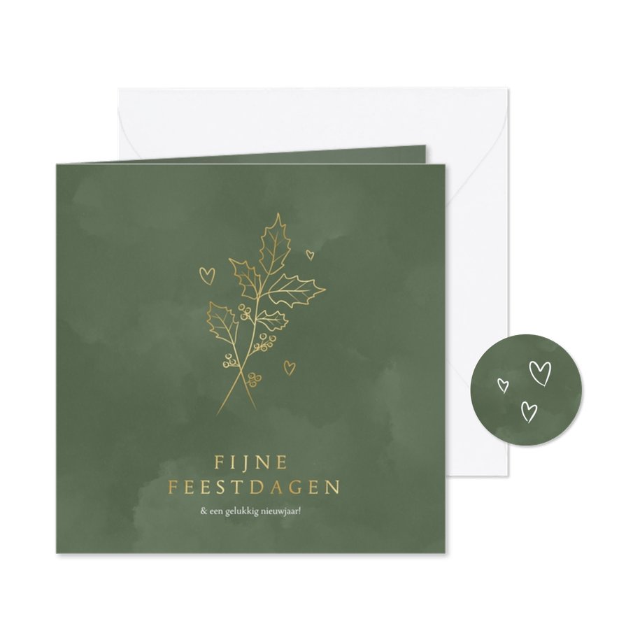 Waterverf kerstkaartje met gouden hulst takje en hartjes - Kaartimpressie