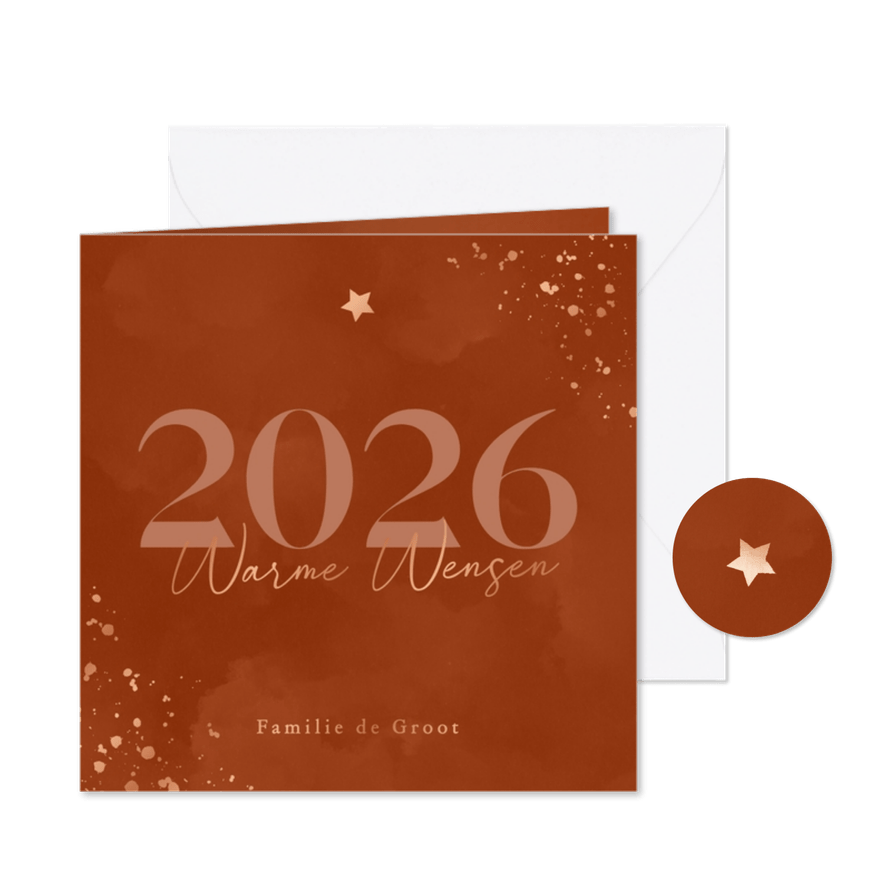Waterverf kerstkaartje roest rood met jaartal en koperfolie - Kaartimpressie