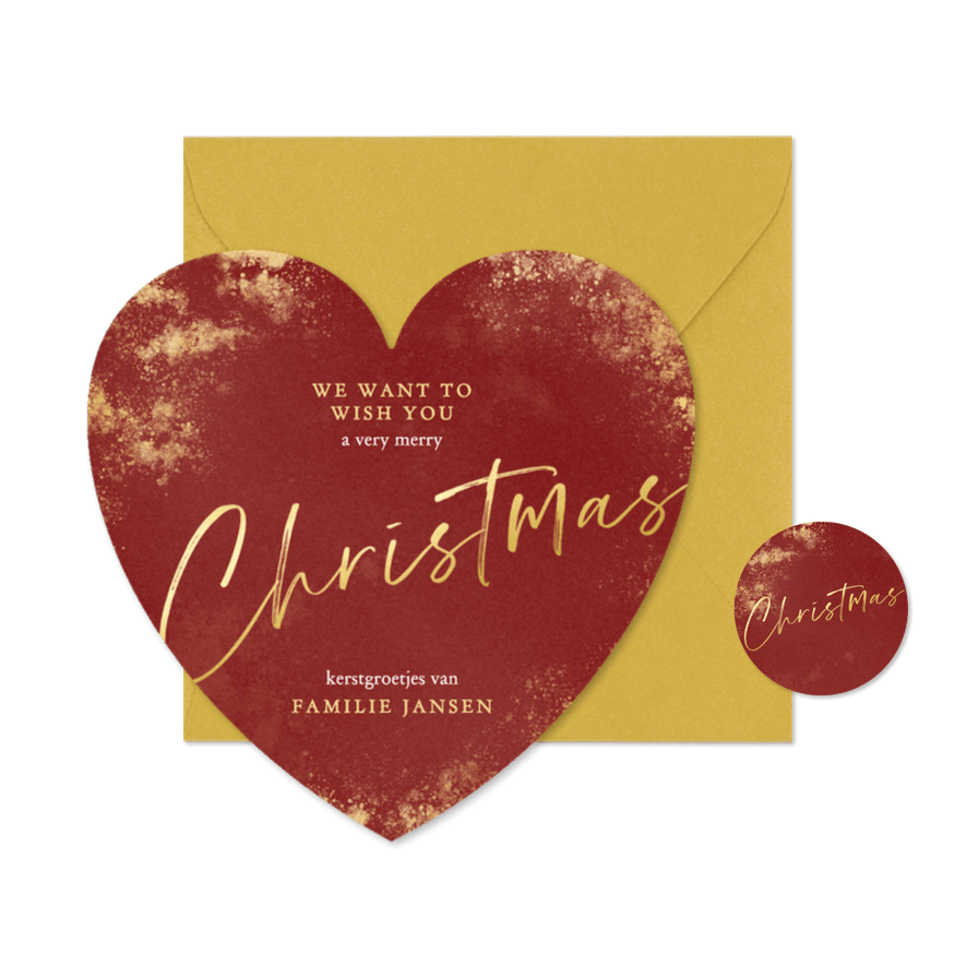 Waterverf kerstkaartje rood met gouden glitters in hartvorm - Kaartimpressie