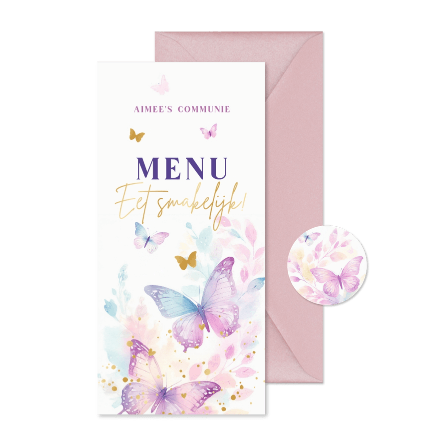 Waterverf menukaart eerste communie vlinders foto & takjes - Kaartimpressie