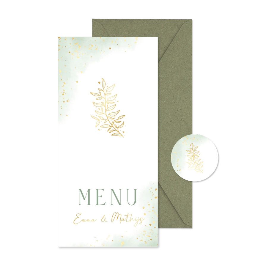 Waterverf menukaart huwelijk groen met goudfolie takje - Kaartimpressie