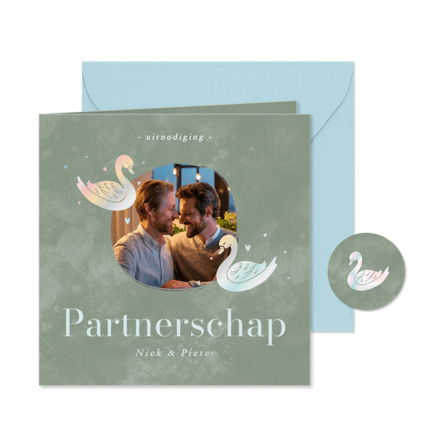 Waterverf partnerschap kaart holografische zwaantjes en foto - Kaartimpressie
