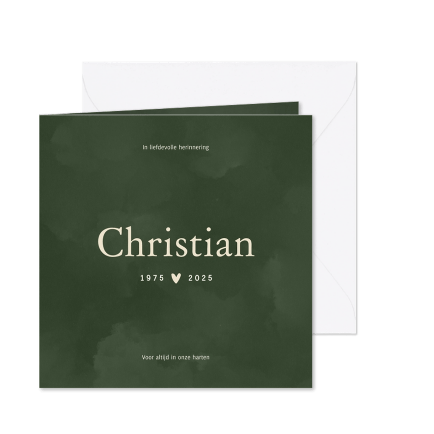 Waterverf rouwkaart donkergroen met hartje - Kaartimpressie
