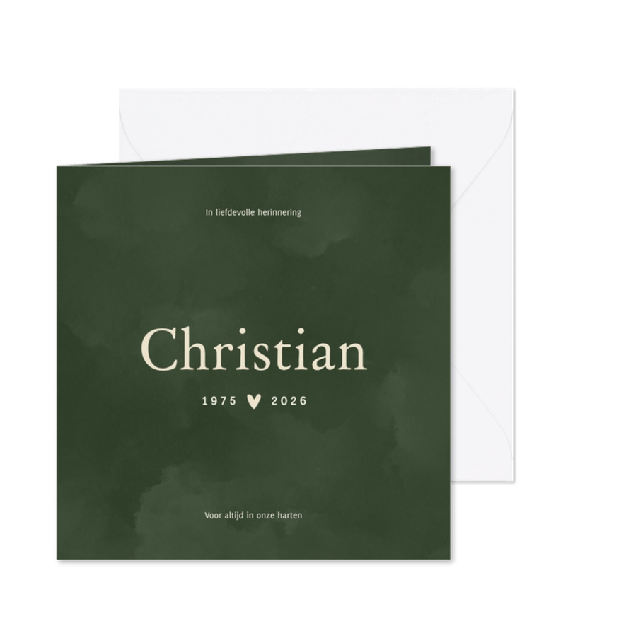 Waterverf rouwkaart donkergroen met hartje - Kaartimpressie