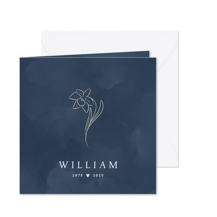 Waterverf rouwkaart met narcis donkerblauw - Kaartimpressie