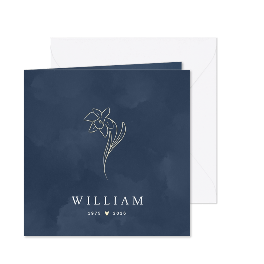 Waterverf rouwkaart met narcis donkerblauw - Kaartimpressie