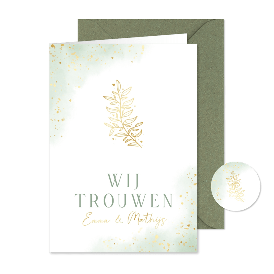 Waterverf trouwkaart groen met goudfolie takje - Kaartimpressie