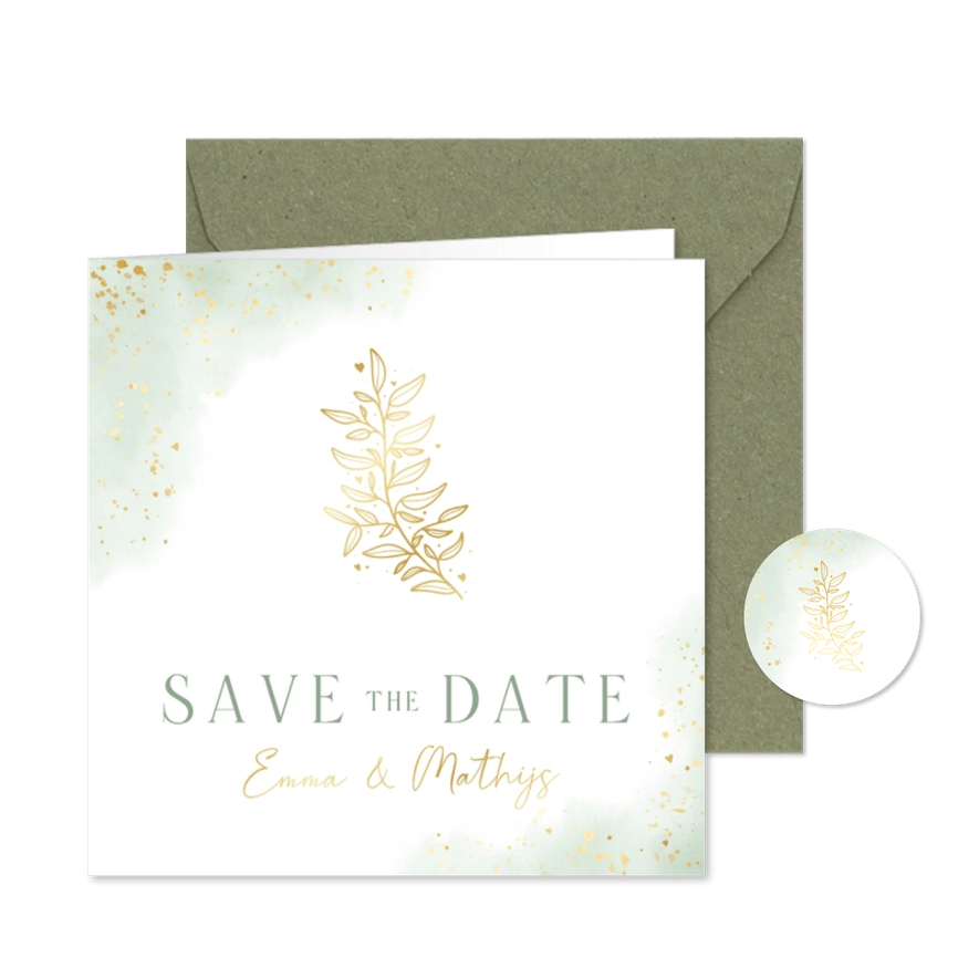Waterverf trouwkaart save the date met goudfolie takje - Kaartimpressie