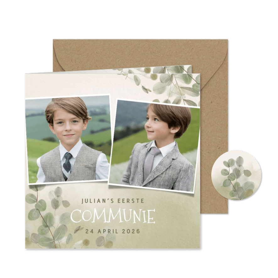 Waterverf uitnodiging eerste communie eucalyptus en foto's - Kaartimpressie