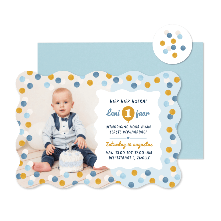 Wave blauw kinderfeestje uitnodiging confetti 1 jaar foto - Kaartimpressie