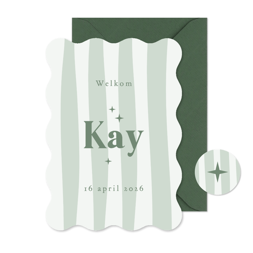 Wave geboortekaartje stoer gestreept sterretjes groen - Kaartimpressie