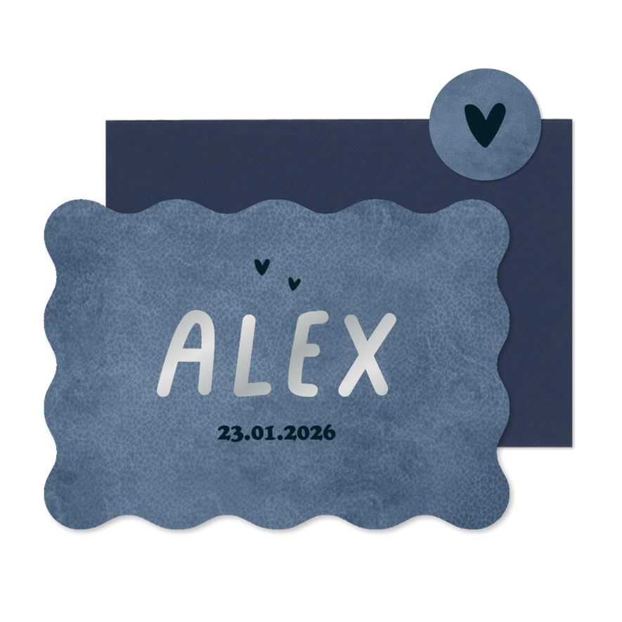 Wave geboortekaartje stoer typografisch donkerblauw print - Kaartimpressie