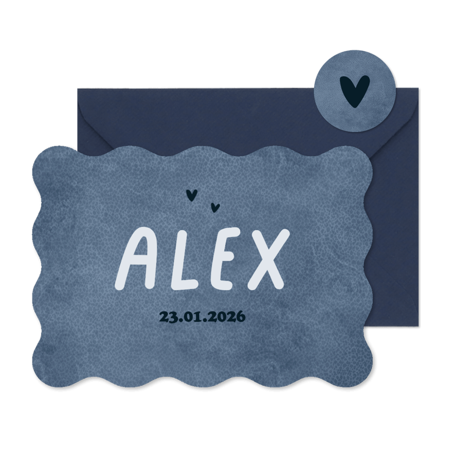 Wave geboortekaartje stoer typografisch donkerblauw print - Kaartimpressie