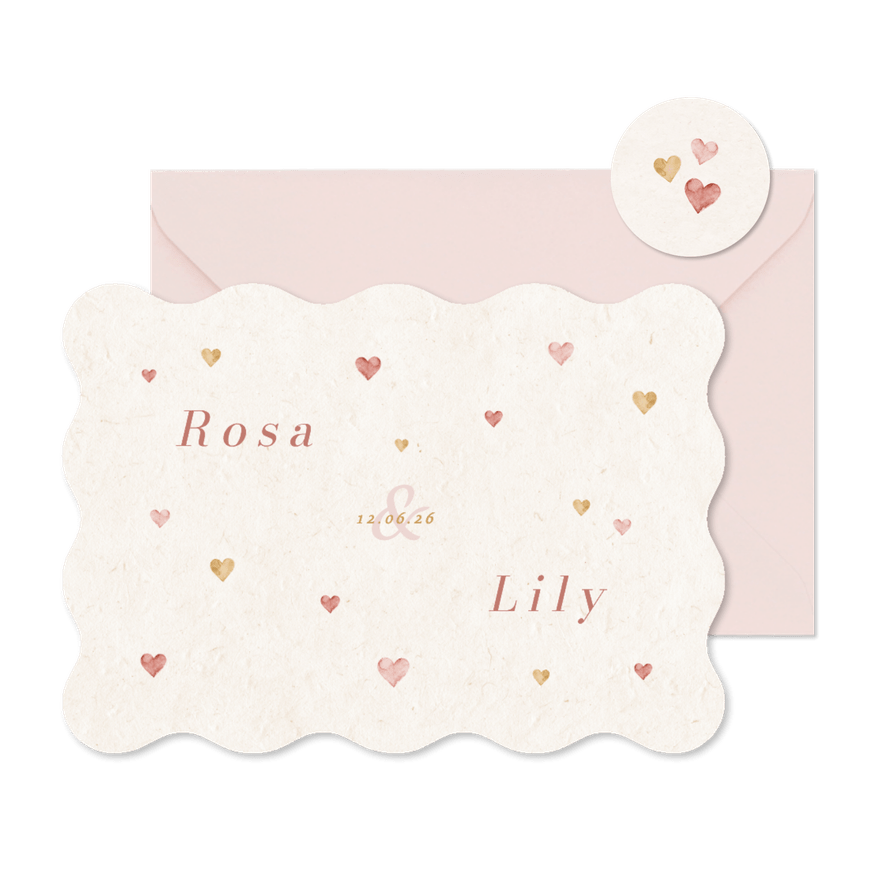 Wave geboortekaartje tweeling hartjes beige roze lief - Kaartimpressie