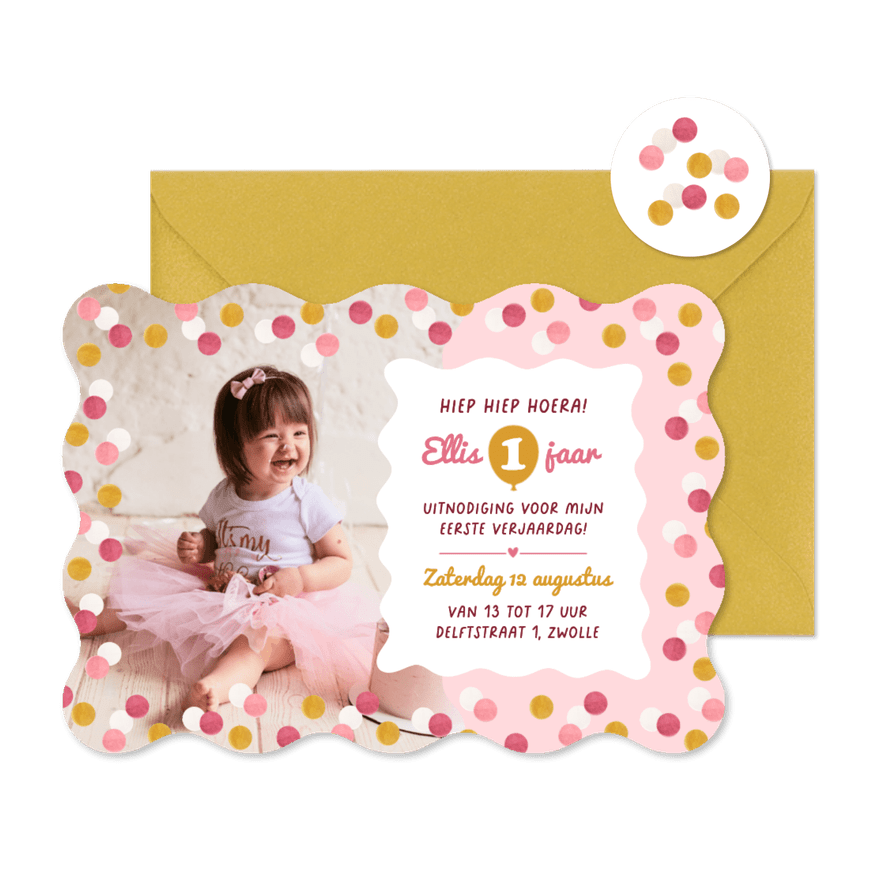 Wave kinderfeestje uitnodiging confetti 1 jaar foto roze - Kaartimpressie