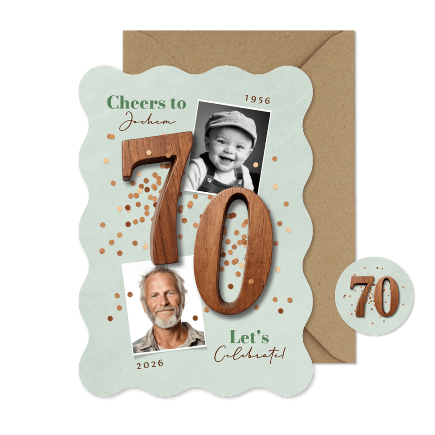 Wave uitnodiging 70 jaar vintage houten cijfers foto's - Kaartimpressie