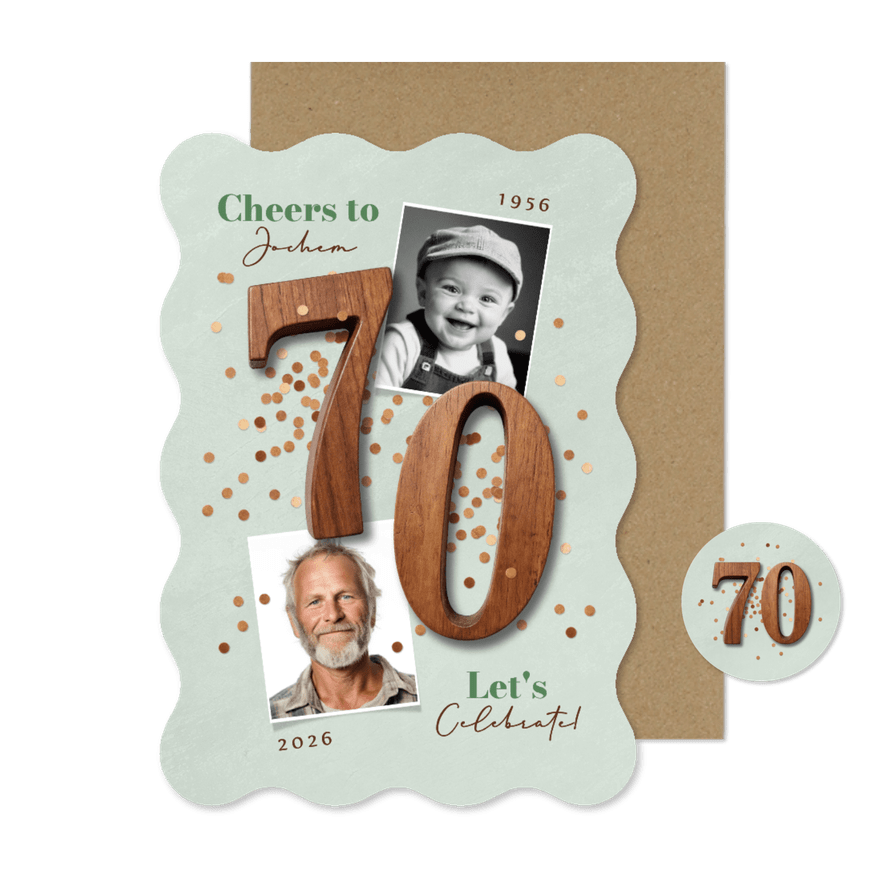 Wave uitnodiging 70 jaar vintage houten cijfers foto's - Kaartimpressie