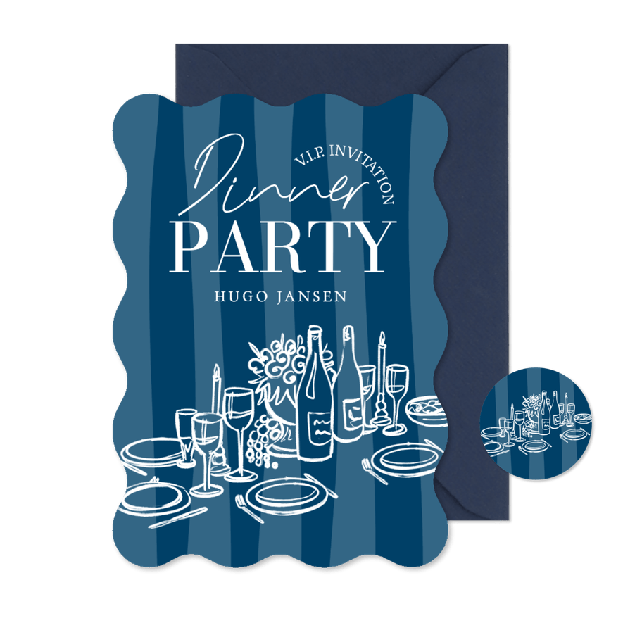Wave uitnodiging diner party blauw gestreept doodle - Kaartimpressie