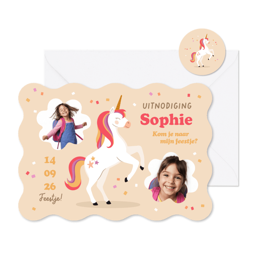 Wave uitnodiging kinderfeestje unicorn confetti foto's feest - Kaartimpressie