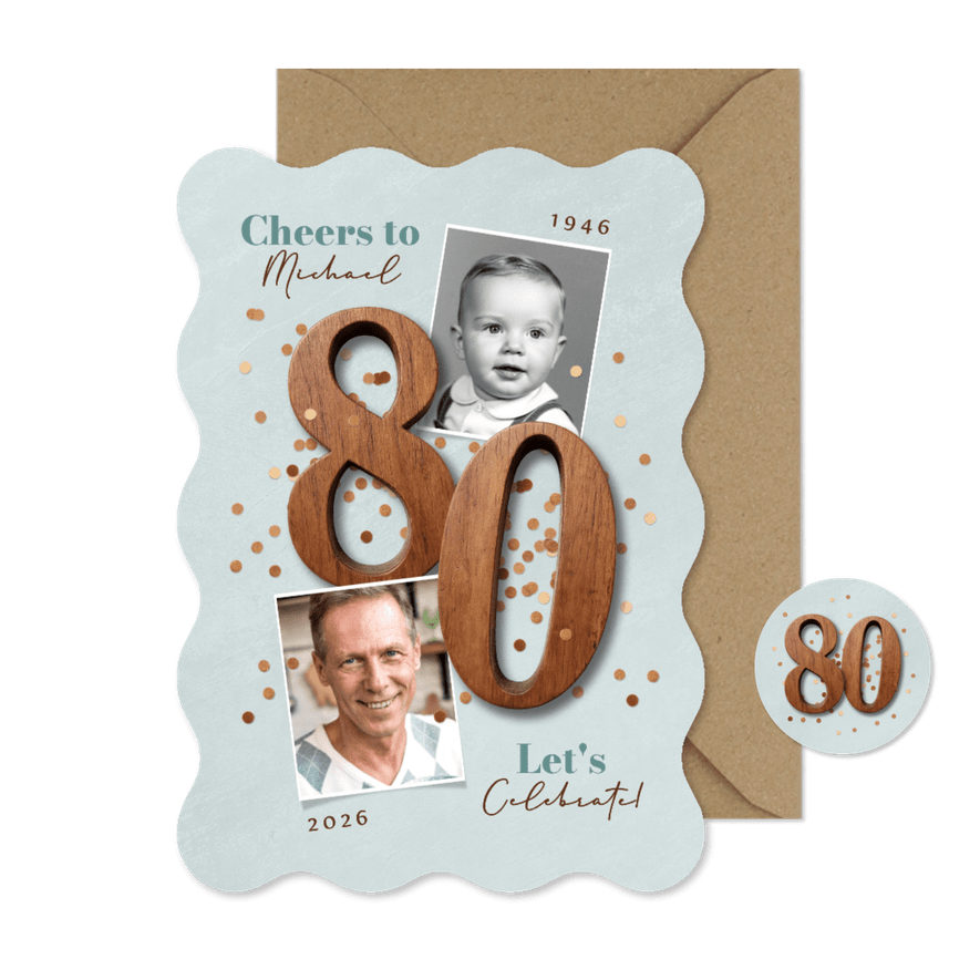 Wave uitnodigingskaart 80 jaar vintage houten cijfers foto's - Kaartimpressie