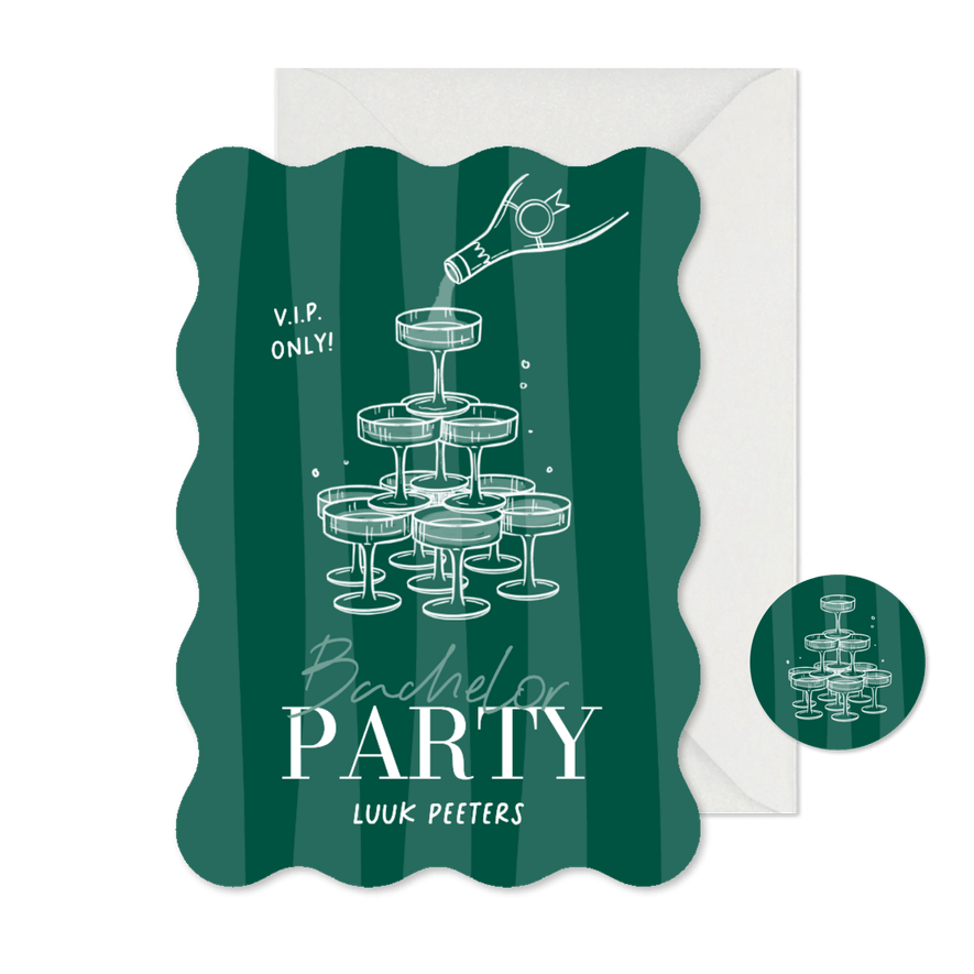 Wave uitnodigingskaart bachelor party champagne toren vip - Kaartimpressie