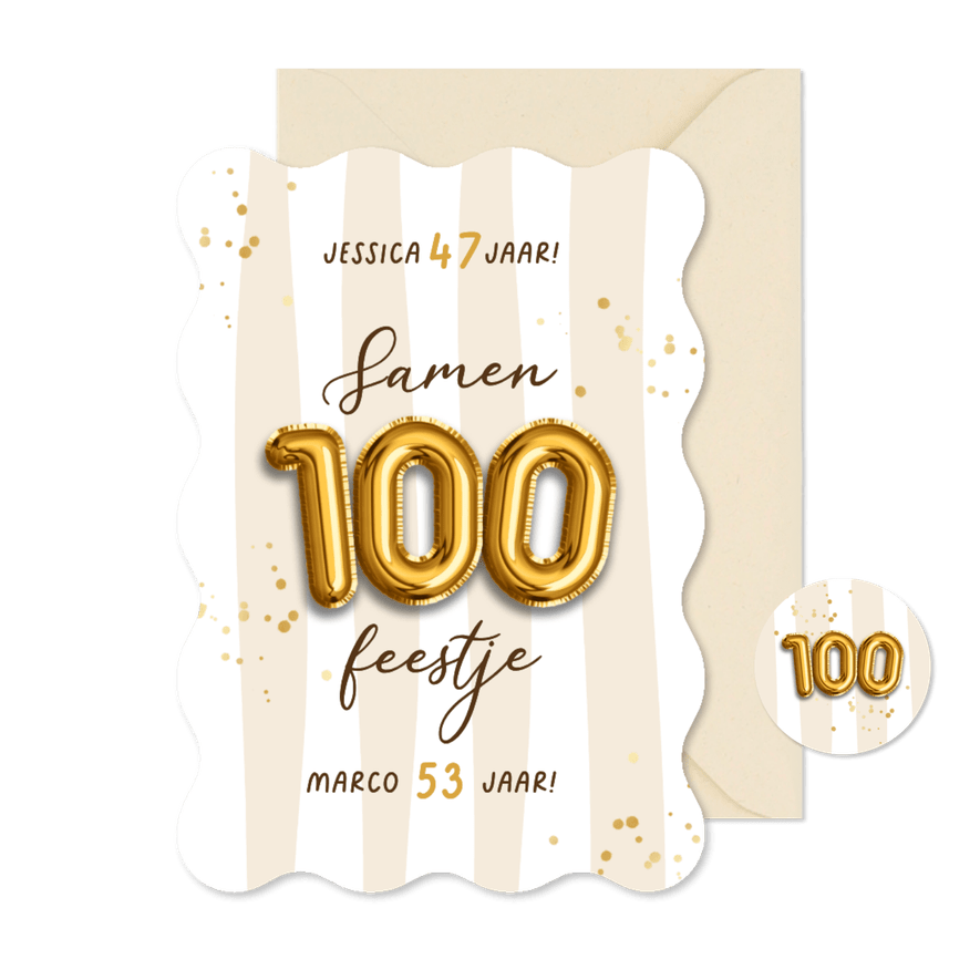Wave uitnodigingskaart samen 100 gespreept goud ballonnen - Kaartimpressie