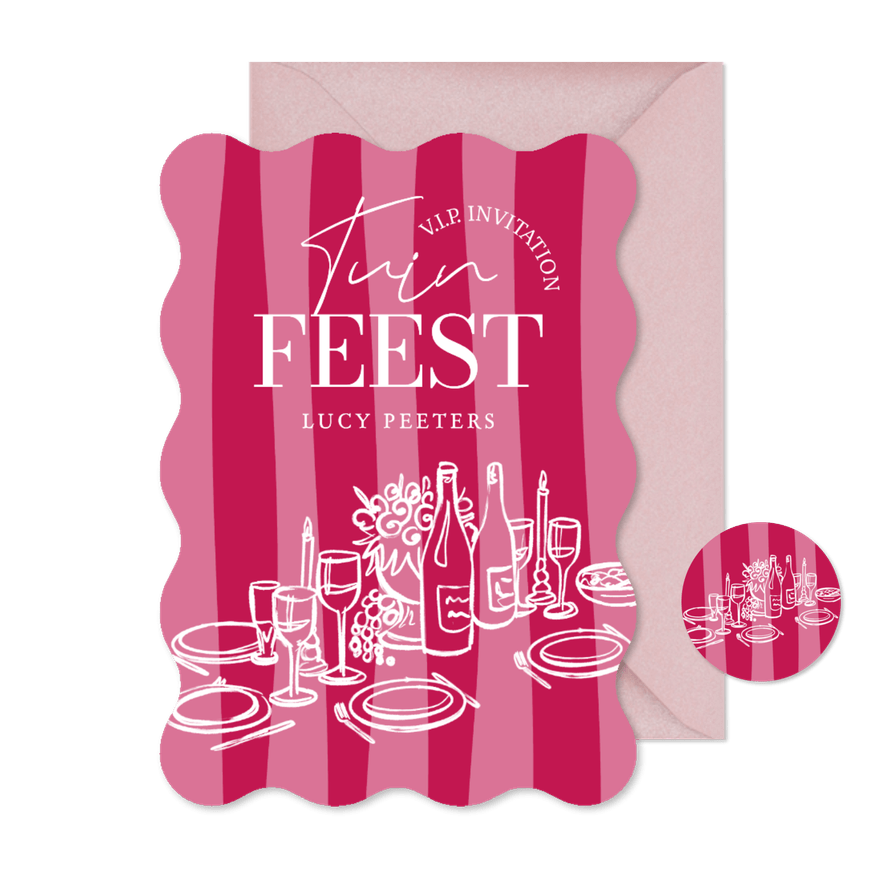 Wave uitnodigingskaart tuinfeest roze gestreept doodle - Kaartimpressie