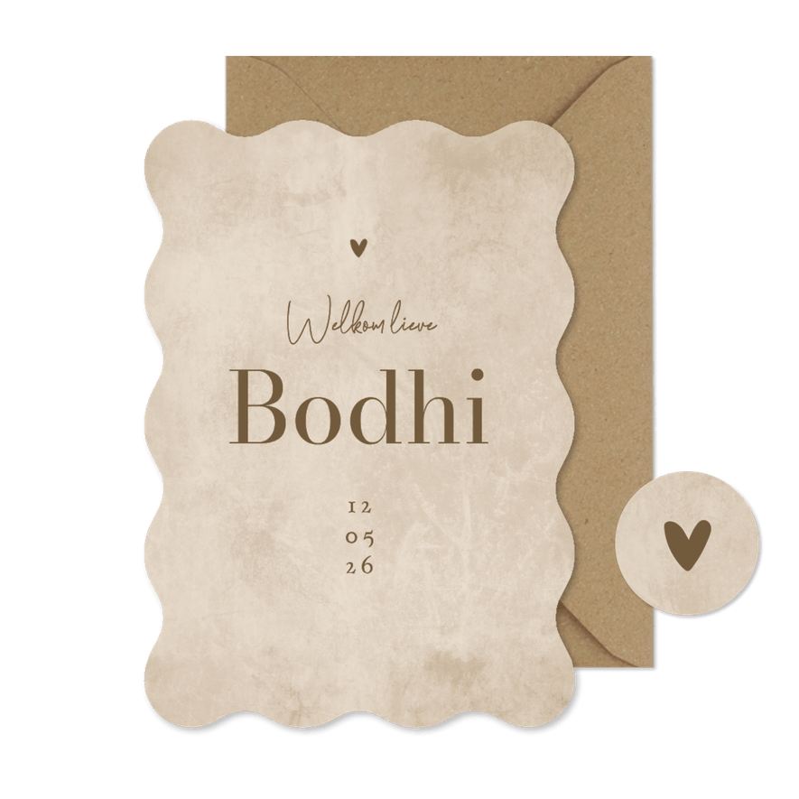 wave vorm geboortekaartje unisex hartje zandkleur - Kaartimpressie