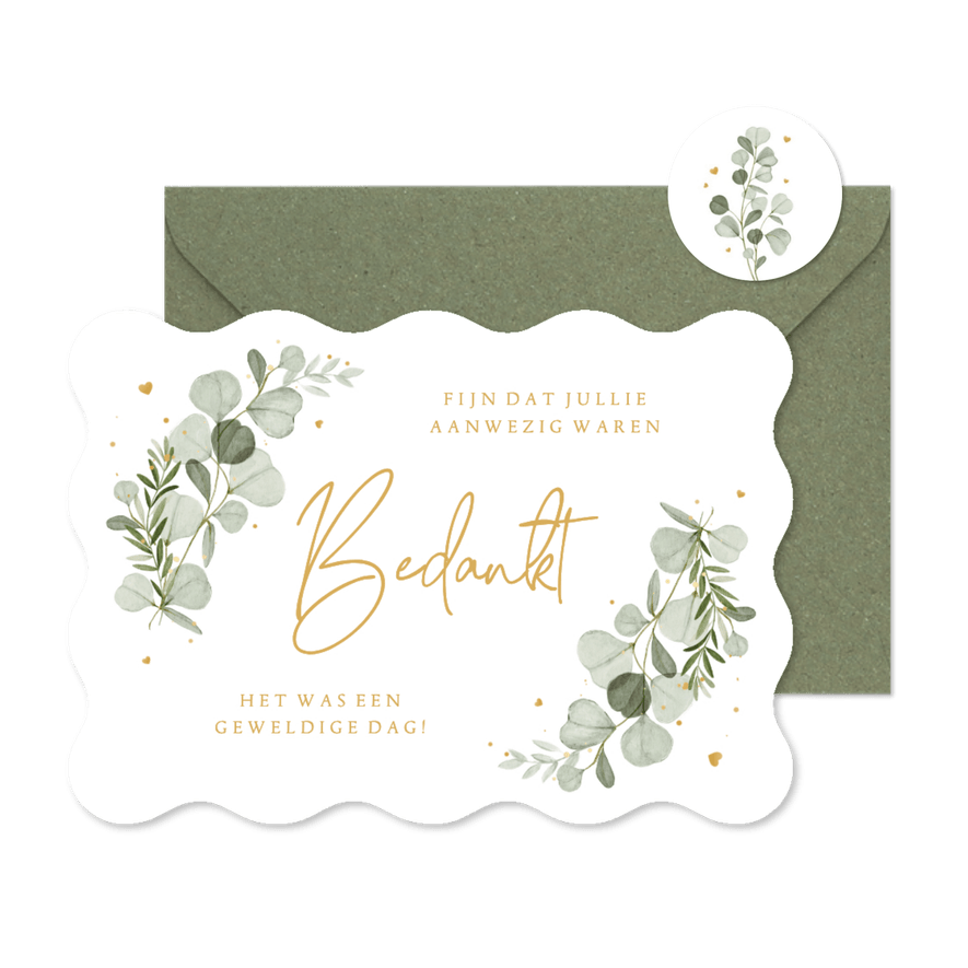 Wave vorm kaart bedankt eucalyptus spetters hartjes goud - Kaartimpressie