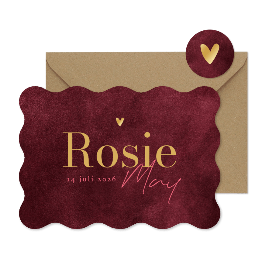 Wave vorm kaart geboortekaartje stijlvol goud velvet rood - Kaartimpressie