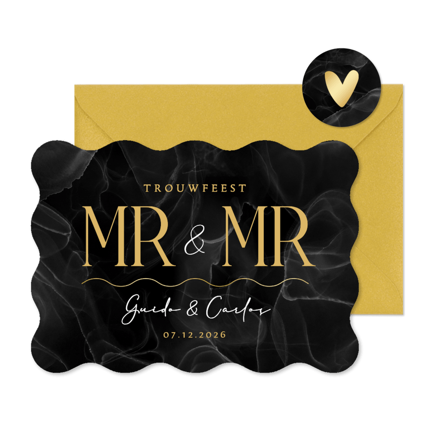 Wave vorm kaart mr. and mr. marmer zwart stijlvol goud - Kaartimpressie