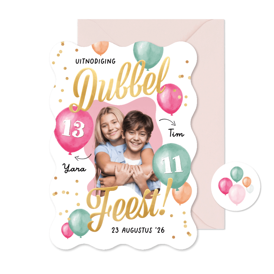 Wave vorm uitnodiging dubbel feest jarig ballonnen foto - Kaartimpressie
