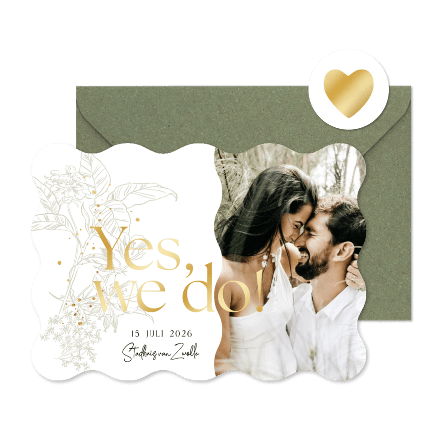 Wavevorm trouwkaart lijnillustratie botanisch foto goud - Kaartimpressie