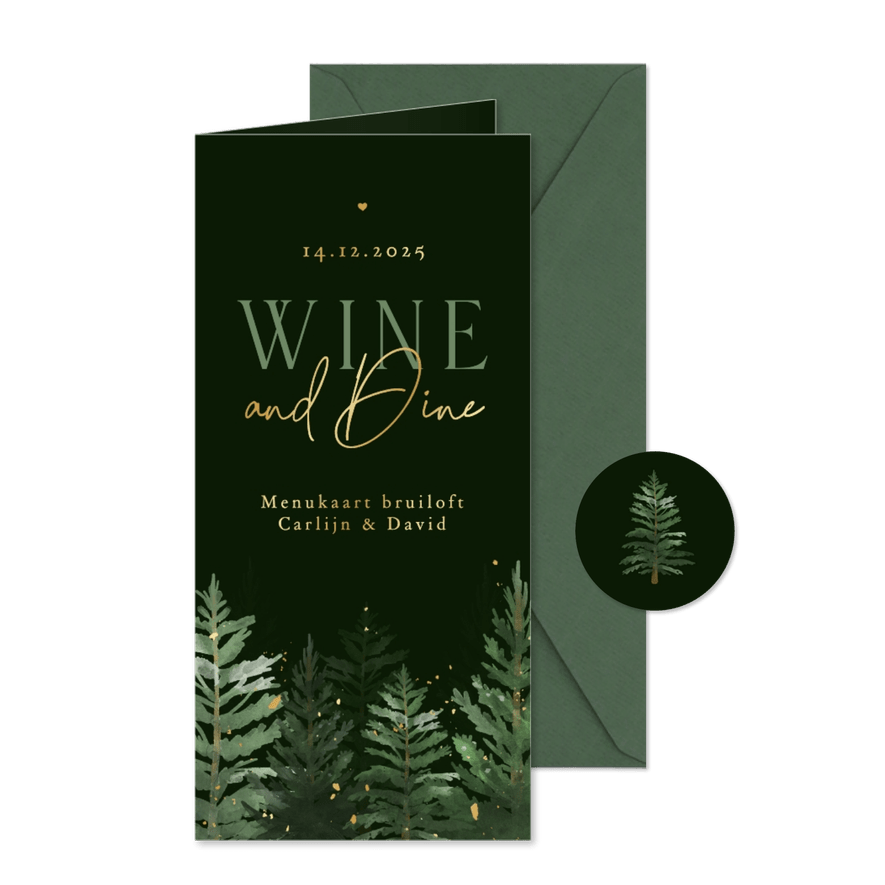 Wijn en menukaart winter bruiloft dennenbomen goud - Kaartimpressie