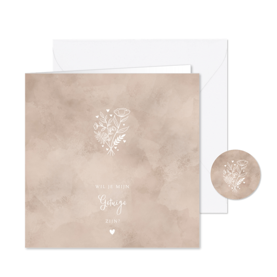 Wil je mijn getuige zijn met neutrale waterverf en bloemen - Kaartimpressie