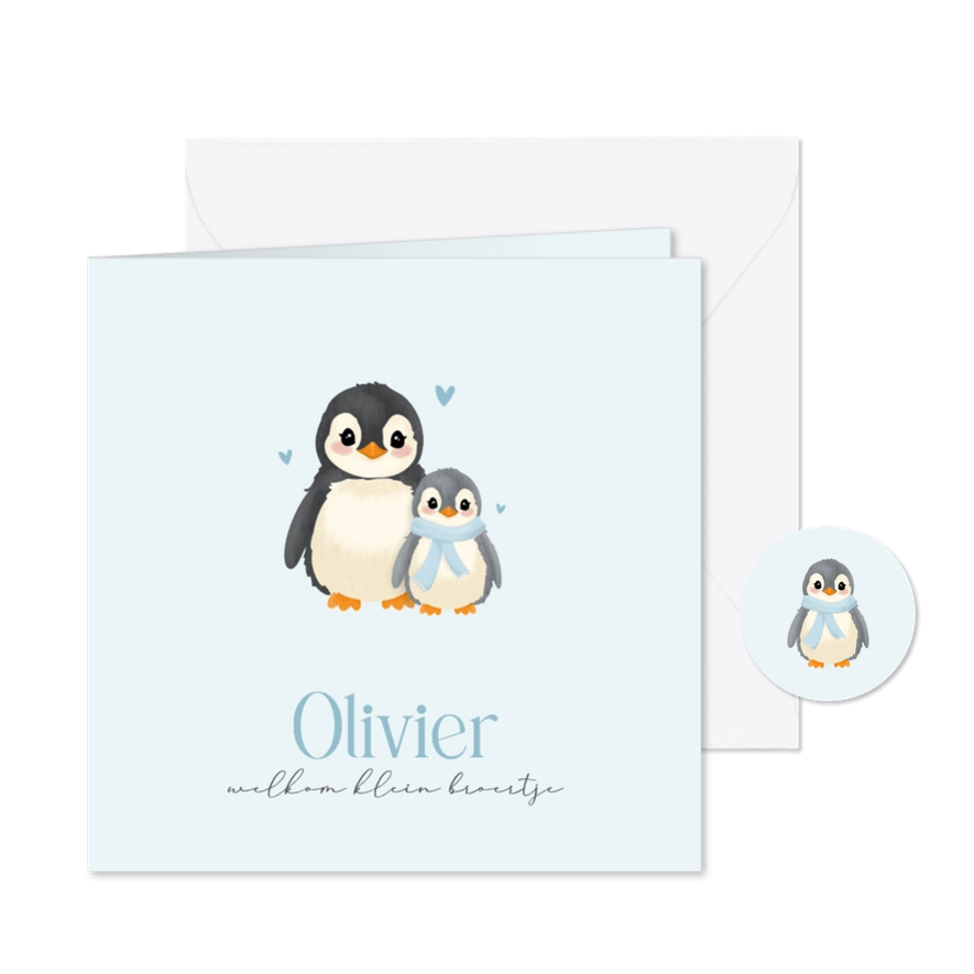 Winter geboortekaartje pinguïn een broertje lichtblauw - Kaartimpressie
