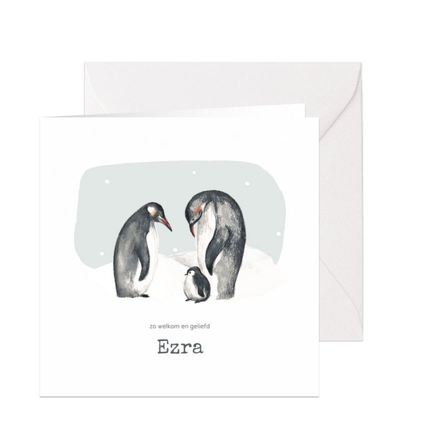 Winter geboortekaartje pinguins blauw met sneeuwvlokken - Kaartimpressie