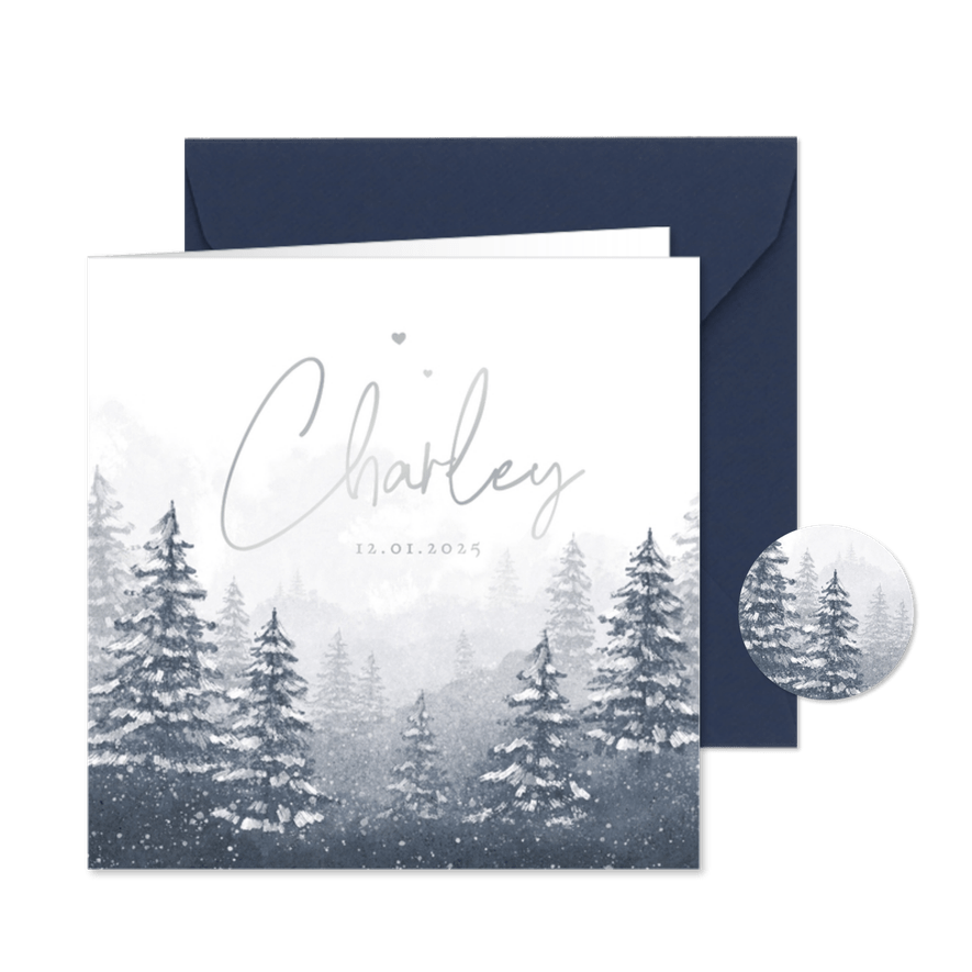 Winter geboortekaartje unisex landschap sneeuw bomen - Kaartimpressie